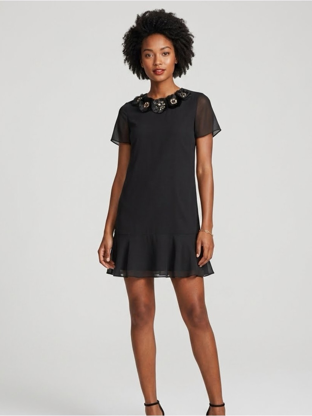Needle & Thread Black Floral-Embellished Chiffon Mini Dress